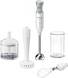 Bosch Frullatore a Immersione MSM66155, 600 W, Impugnatura Ergonomica, Lama a 4 Ali, 12 Livelli di Velocità, Tritatutto, Frusta e Accessorio ProPuree Inclusi, Pratico Bicchiere Graduato, Bianco
