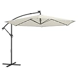 SONGMICS Ombrellone da Balcone con Illuminazione LED Solare, a Braccio 300 cm di Diametro, 32 Luci LED, con Base, Parasole UPF 50+, con Manovella, per Terrazza, Giardino, Beige GPU118M01