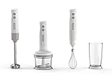 Ariete Frullatore a Immersione con Tritatutto Breakfast 606, Frullatore a Immersione, Minipimer con 2 Velocità, Lama in Acciaio Inox, Gamba Removibile, Bicchiere Trasparente Graduato, 700W, Bianco
