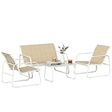 Outsunny Set Salotto da Giardino 4 Pezzi, Set di Mobili da Giardino in Texteline con Divano 2 Posti, 2 Poltrone, Tavolino in Vetro Temperato, Struttura in Acciaio, Salottino da Esterno Balcone, Cachi