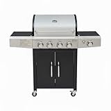 EGLEMTEK Barbecue a Gas Professionale XXL Da 16 kW con 5 Bruciatori in Acciaio Inox 304 Con Fuoco Laterale Termometro Coperchio Doppio Griglia Di Cottura 67 x 42 Cm Ruote 137 × 50 × 120 Cm Nero