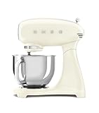 Smeg, Impastatrice Planetaria Full Color SMF05CREU, 10 Livelli di Velocità, Funzione Smooth Start e Steady Mix, Ciotola da 4,8 L, Blocco Motore, 3 Fruste e Gancio Impastatore, 800 W, Panna