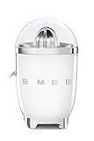 Smeg, Spremiagrumi Elettrico CJF01WHEU, Spremitura a Pressione Manuale, Beccuccio Antigoccia e Cono Universale, Base Antiscivolo, Avvolgicavo Integrato, 70W, Bianco