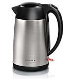Bosch Bollitore Elettrico TWK3P420, Capacità 1.7 L, Spegnimento Automatico, Beccuccio Antigoccia, Filtro Anticalcare Removibile in Acciaio Inox, Indicatore Livello dell'Acqua, Acciaio Inox, Nero
