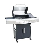 BRICOZONE Barbecue A Gas Professionale XXL 4 Bruciatori Con Bruciatore Laterale 16 Kw Coperchio Doppio Termometro Ruote Piani Laterali Scaldavivande E Griglia In Acciaio Inox (4 Fuochi)