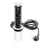 Emuca - Blocco multipresa a scomparsa con 3 prese schEUo EU e 2 porte USB, torretta multipresa a scomparsa per piano lavoro di cucina o scrivania, Verniciato bianco, Tecnoplastica e Alluminio