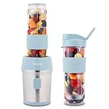 H.Koenig Mini frullatore SMOO16 Smoothie Maker, 570mL, 300W, 4 lame in acciaio inox, senza BPA, 2 bottiglie portatili da viaggio, frullati e frappé, Blu pastello