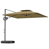 Outsunny Ombrellone da Giardino a Manovella 2.5x2.5 m con Doppio Tetto e Testa Inclinabile, Ombrellone Decentrato a Braccio con Base a croce, Base Riempibile e Presa d'Aria, UV30+, Cachi