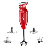 bamix Frullatore a immersione M350 MAXX incl. lama multiuso, per carni e verdure, frusta, frullino in acciaio inox, 300 watt, 2 velocità, Made in Switzerland, Rosso/cromo