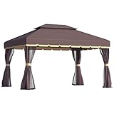 Outsunny Gazebo da Giardino 3.9x2.9m in Alluminio con Tetto Doppio, Zanzariera e Teli Laterali, Colore Caffè