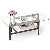 LIFEZEAL Tavolino Salotto, in Legno Massello e Vetro Temperato, a 2 Ripiani, Tavolino da Caffè, da Soggiorno, Vintage, Basso, Max 105 kg, 107x60x42 cm, Montaggio Semplice, Marrone Rustico