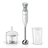 Bosch Frullatore a Immersione MSM66120, 600W, Impugnatura Ergonomica, Piede in Acciaio Inox, Lama a 4 ali Acciaio Inox, Velocità Variabile, Accessorio Tritatutto Incluso, Bicchiere Graduato, Bianco