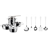 Alessi Pots&Pans AJM100S7 Batteria Set di Pentole di Design, Acciaio, Inox, Fondo Magnetico, 7 Unità & AJM19S5 L Set di Mestoli da Cucina di Design in Acciaio Inossidabile 18/10, 5 Pezzi