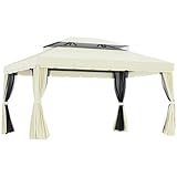 Outsunny Gazebo da Giardino 4x3 m con Zanzariera e Tende Parasole, Gazebo da Esterno a Doppio Tetto con Copertura in Poliestere Anti UV e Telaio in Lega di Alluminio, Crema