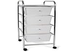 BAKAJI Carrello Multiuso in Acciaio Cromato Cassettiera 4 Cassetti e 4 Ruote Carrellino Organizer Salvaspazio per Bagno Casa Ufficio Estetista Lavoro (Bianco)