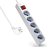 Multipresa a 5 Posti, Ciabatta Elettrica con 5 Prese Italiane 10A/16A e Schuko (Tedesche) - Spina Italiana 16A - Potenza 250V/2500W - Cavo da 1,5 Metri, Prese Angolate a 45°
