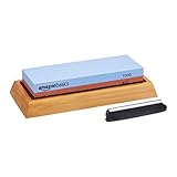 Amazon Basics Cote per affilare coltelli, double-face, grana 400/1000, con base antiscivolo in bambù, blu e rosso, 18 x 6,1 x 2,8 cm