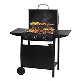 aro Barbecue a Gas con 3 Bruciatori, Acciaio, Coperchio con Termometro, Tavolini Laterali, Ripiano Inferiore, Nero