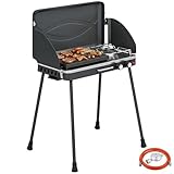 Outsunny Barbecue a Gas & Fornello da Campeggio 2 in 1 con 2 Bruciatori da 7KW, Griglia a Gas GPL Portatile da Tavolo con Piastra, Gambe Rimovibili, Paravento, Manico, per BBQ Giardino Picnic, Nero