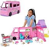Barbie - Camper dei Sogni, veicolo con oltre 60 accessori e pasta modellabile, effetto cambia colore, include tenda sul tetto e altalena, giocattolo per bambini, 3+ anni, HRJ78