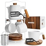 MIAMIO - Set di teiere in ceramica da 1000 ml con infusore e tazze/colino per il tè, 4 tazze da tè in ceramica (300 ml), piattini in bambù/manico con supporto per casa e ufficio (Bianco)