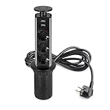Emuca - Blocco multipresa a scomparsa con 3 prese schEUo EU e 2 porte USB, torretta multipresa a scomparsa per piano lavoro di cucina o scrivania, Verniciato nero, Tecnoplastica e Alluminio