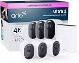 Arlo Ultra 2 Telecamera WiFi Esterno Senza Fili, Telecamera WiFi Interno, 4K UHD, Sirena Allarme Casa, Sensore Di Movimento, Audio Bidirezionale, Prova Arlo Secure Inclusa, 3 Telecamere, Bianche