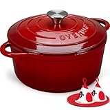 Overmont Casseruola in Ghisa Smaltata - Antiaderente Forno Olandese con Coperchio - Ø28 CM Rotonda Cocotte per Adatto a Piani di Cottura e Forni a Induzione - Rosso