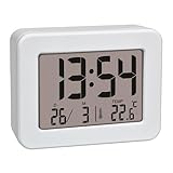 TFA Dostmann Mini sveglia con temperatura, 60.2044.02, orologio da tavolo, funzionamento a batteria, con data e termometro interno, sveglia da viaggio, piccolo, bianco
