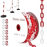 YUJUVI 25m Catena Barriera Plastica Catena di intercettazione Bianco e Rosso Catena di Plastica per il Parcheggio con 10 Moschettoni Catena di Avvertimento Alta Visibilità