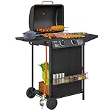 Outsunny Barbecue a Gas in Acciaio, BBQ a Gas a 2+1 Bruciatori da 7kW con Coperchio, Termometro, Tavolino Laterale, Portaspezie, Vaschetta Raccogli Grasso, Regolatore, Tubo, Ruote, Nero