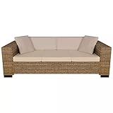 Festnight Divano da Giardino a 3 Posti in Rattan Naturale, 200 x 80 x 61 cm con Cuscini