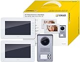 VIMAR K40991 Kit videocitofono da parete: 2 videocitofoni vivavoce a colori LCD 7'', tastiera capacitiva, targa audiovideo con cornice parapioggia, 2 alimentatori con spine standard EU, UK, US, AUS