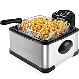 Chefman Friggitrice 4.5 Litri, Filtro Cestello, Formato XL Jumbo, Temperatura e Timer Regolabili, per Pollo Fritto, Gamberetti, Patatine Fritte, Contenitore dell'Olio Rimovibile, Acciaio Inossidabile