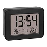 TFA Dostmann Mini sveglia digitale da comodino, 60.2044.01, orologio da tavolo, a batteria, con data e termometro interno, sveglia da viaggio, piccolo, nero