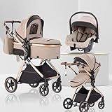 Lnhcrbs Passeggino 3 in 1 con Navicella, Trio Sistema's Navicella è Pieghevole, Carrozzina Maniglia è Regolabile, le Ruote sono in Materiale PU, per Bambini dalla Nascita a 3 Anni-Kaki-Beige