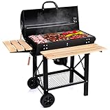 LEHMANN Barbecue a Carbonella con Griglia XL, Carrello Grill con Due Ripiani in Legno, Coperchio, Ruote, Manico non Riscaldante, Griglia a Carbone per Giardino, Terrazza, Campeggio