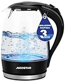 Aigostar Adam - Bollitore Acqua Elettrico in Vetro Borosilicato con LED, 1,7 litri, 2200W, Spegnimento Automatico, Filtro Anticalcare, Base di rotazione a 360° in Acciaio Inox, Teiera Senza BPA Nero