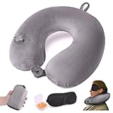 JetsCush Cuscino da Viaggio Gonfiabile, Cuscino Aereo con Maschera per Gli Occhi e Tappi per le Orecchie, Cuscino Gonfiabile da Viaggio per Aereo, Treno, Ufficio, Grigio