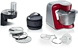Bosch Serie 4 Planetaria MUM58710, 1000 W, Ciotola in Acciaio Inox da 3,9 L, 7 Livelli di Velocità, Fruste, Gancio e Dischi Vari Inclusi, Lavabili in Lavastoviglie, Rosso