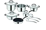 Lagostina Pratica Set di Pentole Induzione, in Acciaio Inox 18/10, 13 Pezzi, Batteria con 4 Casseruole, Pentola, Padella Antiaderente, Mestolo, Schiumarola, Prendispaghetti, 4 Coperchi