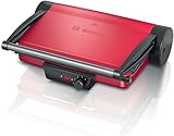 Bosch Bistecchiera TCG4104, 3 Posizioni di Cottura, 5 Livelli di temperatura, 2000W, Piastre Grill in Alluminio Rimovibili e Lavabili in Lavastoviglie, Rivestimento Ceramico Antiaderente, Rosso