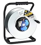 Electraline 49057 Avvolgicavo, Avvolgi-Prolunghe senza cavo in metallo antiruggine per uso Professionale, Con 2 prese Schuko + 1 industriale IEC. Maniglia eronomica + Pomello rotante