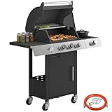 Outsunny Barbecue a Gas con 3+1 Bruciatori da 10.5 KW, BBQ a Gas Propano Portatile con Griglia, Ripiani Laterali, Vaschetta per Grasso, Armadietto, Termometro, Apribottiglie, Ruote, per Giardino, Nero