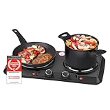 TZS First Austria - Doppia Piastra Elettrica 2500W - Piastre in Ghisa 180 & 150 mm - Termostato a Regolazione Continua - Fornello Portatile per Camping & Cucina - Nero