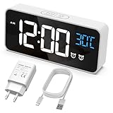 HERMIC Sveglia Digitale, Sveglia da Comodino con Temperatura, Orologio Digitale con 2 Allarme, Snooze, 4 Livelli di Luminosità, Controllo Vocale, USB Ricaricare, Sistema 12/24 Ore (Bianca)