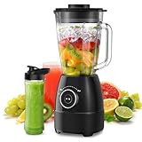 Frullatore, 1500W Elettrico Frullatore Smoothie con Caraffa in Vetro da 1,5L e Bottiglie Portatili 600ml, Velocità Regolabile, Lama in Acciaio Inox per Gelato, Frutta, Verdura