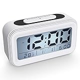 Coolzon Sveglia Digitale, Sveglie da Comodino Batteria per Bambini Adulti, Orologio Digitale Silenziosa Grande LCD Schermo Data Temperatura Funzione Snooze Luce Notturna Allarme Forte, Bianco