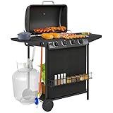 Outsunny Barbecue a Gas in Acciaio 4+1 Bruciatori Indipendenti con Coperchio e Termometro, BBQ a Gas con Ruote, Griglie, Tavolino Laterale, Portaspezie, Vaschetta Raccogli Grasso, Regolatore, Nero