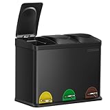 SONGMICS Cestino da Cucina, Pattumiera per Riciclaggio, Pattumiera Tripla a Pedale, in Metallo da 45 Litri, per Raccolta Differenziata, 3 x 15L, con Coperchio, Acciaio, Nero LTB45B
